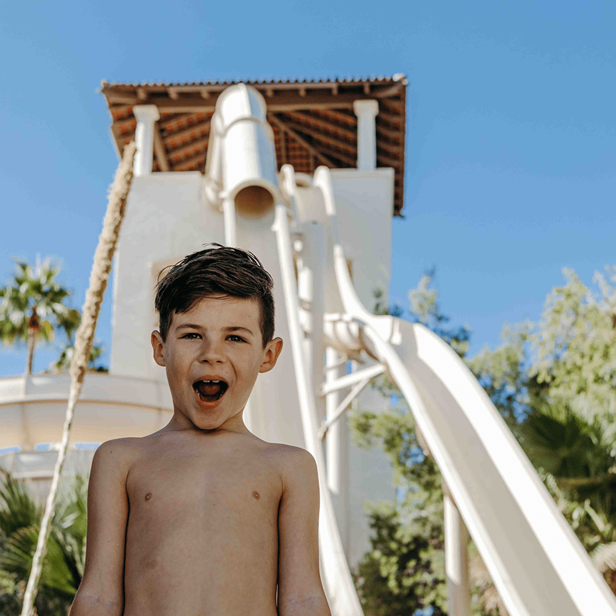 Childhood thrill awaits at Oasis Water Park's towering slides.